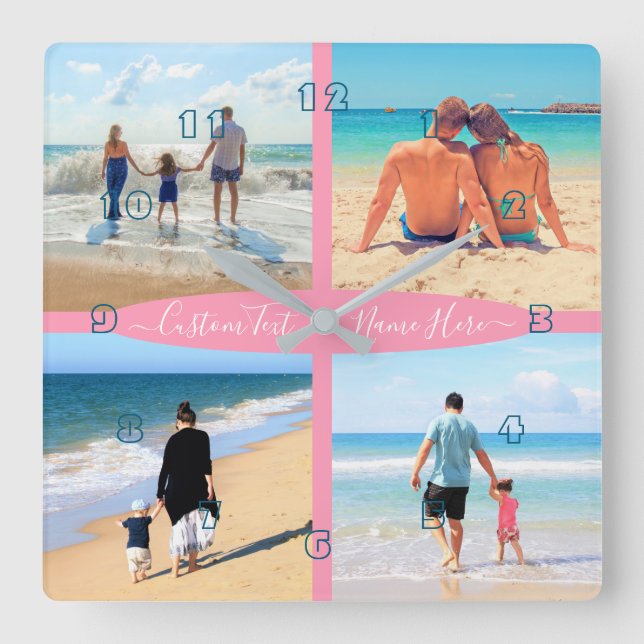 Ihre 4-Liebe-Collage-Familie Personalisierter Text Quadratische Wanduhr (Vorderseite)