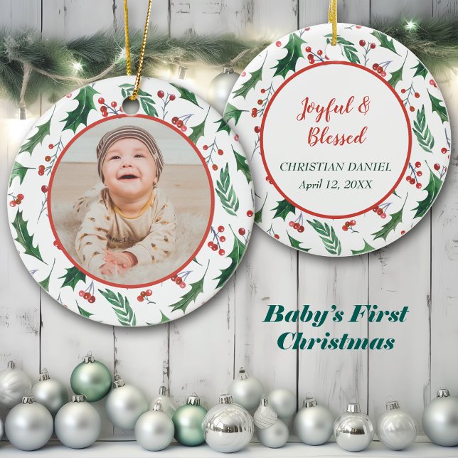 Ihre eigene Fotovorlage Red Berry Holly Border Keramik Ornament (Von Creator hochgeladen)
