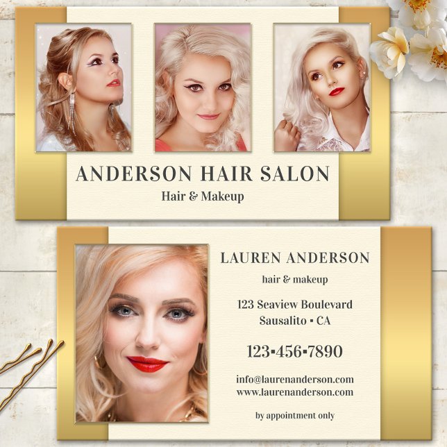 Ihre Fotos Gold Hair Beauty Business Card Visitenkarte (Makeup and hair salon business card featuring your photos portfolio on gold and cream)