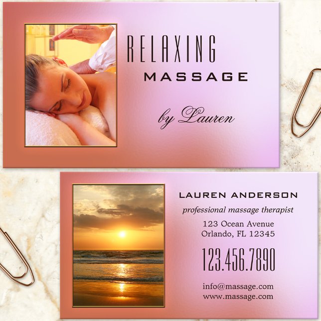 Ihre Fotos Pink Massage Therapeutin Visitenkarte (Business card featuring 2 custom photos on a dreamy pink background - massage, spa or beauty salon)