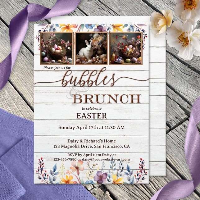 Ihre Fotos Rustikale Osterblasen und Brunch Einladung (Rustic Bubbles & Brunch invitation featuring your photos framed by watercolor wildflowers)