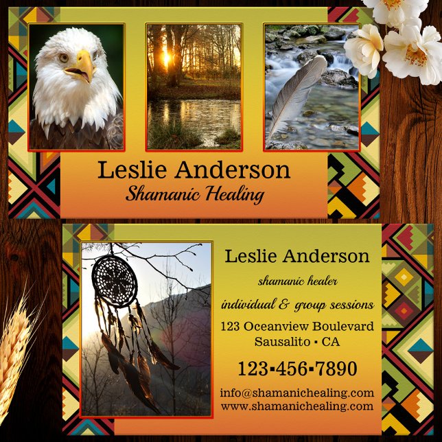 Ihre Fotos Tribal Shamanic Healing Business Card Visitenkarte (Business card featuring your custom photos framed by a colorful tribal design. Great for a shaman)
