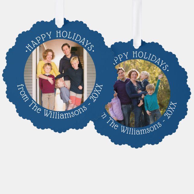 Ihre Fotos und Name Blue Border Holiday Ornament Karte (Vorderseite/Rückseite)
