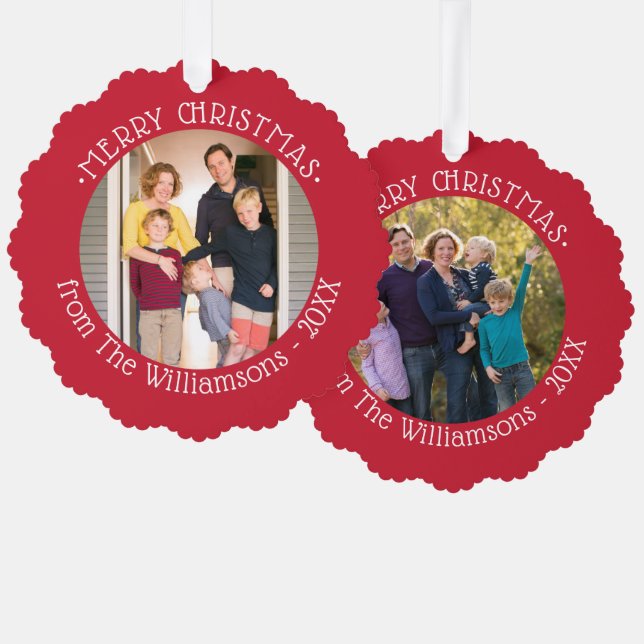 Ihre Fotos und Name Red Border Weihnachten Ornament Karte (Vorderseite/Rückseite)