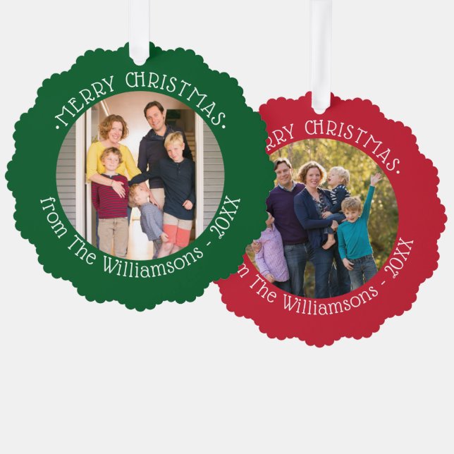 Ihre Fotos und Name Red Green Borders Weihnachten Ornament Karte (Vorderseite/Rückseite)