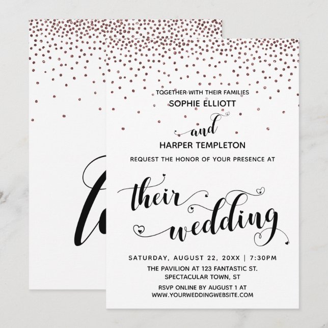 Ihre Hochzeitsherzen Script-Rose Gold Confetti Einladung (Vorne/Hinten)