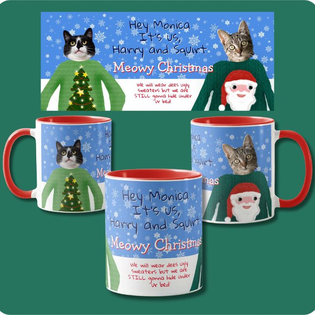 Ihre Katzen in Ugg Weihnachts Sweaters Custom Foto Tasse (Add your cats faces to a cats in Ugly Christmas Sweaters mug. Personalized their manes and greeting )