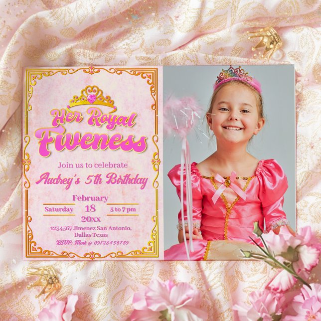 Ihre Königliche Freundschaft - Mädchen 5. Geburtst Einladung (Her Royal Fiveness - Princess Girl 5th Birthday Landscape Invitation with Photo)