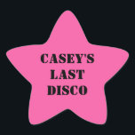 Ihre letzte Disko Cowgirl Junggeselinnen-Abschied Stern-Aufkleber<br><div class="desc">Feiern Sie Braut mit diesen lustigen Aufklebern stilvoll zu sein. Die rosa Sterne sind bereit,  um mit Ihrem Text in fett schwarzer Schablonenschrift angepasst zu werden. Sie koordinieren sich mit anderen Artikeln in meiner Disco Cowgirls Junggeselinnen-Abschied Sammlung.</div>