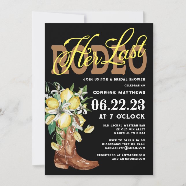 Ihre letzte Rodeo Cowgirl Boots Lemons Brautparty Einladung (Vorderseite)