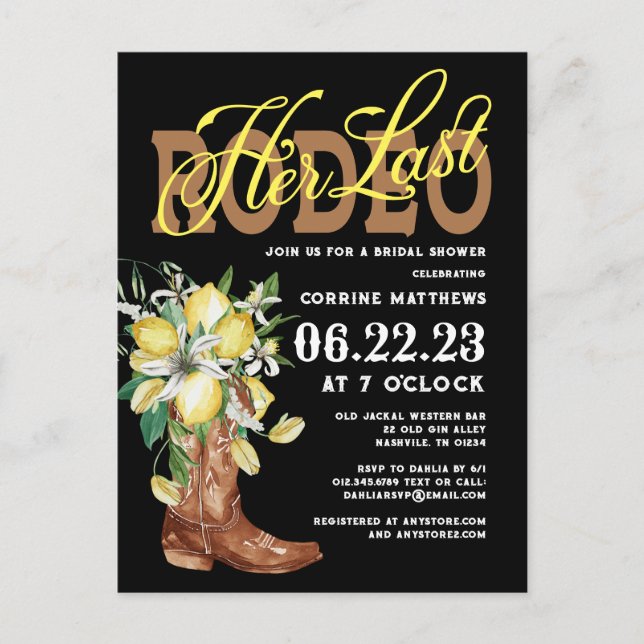 Ihre letzte Rodeo Cowgirl Boots Lemons Brautparty Postkarte (Vorderseite)