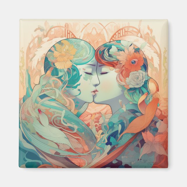 Ihre Liebe, ihr Weg | Lesbischer Kiss Art Deco Sti Magnet (Vorne)