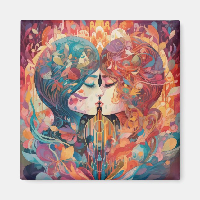 Ihre Liebe, ihr Weg | Lesbischer Kiss Art Deco Sti Magnet (Vorne)