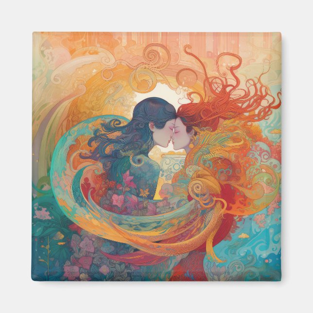 Ihre Liebe, ihr Weg | Lesbischer Kiss Art Deco Sti Magnet (Vorne)