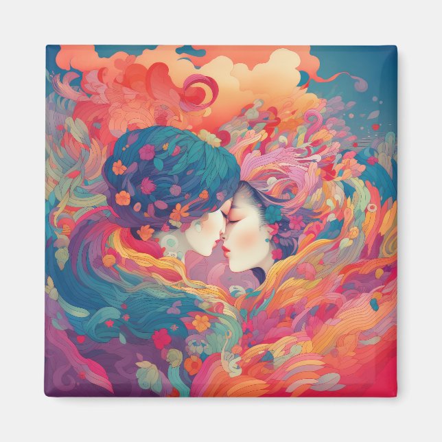 Ihre Liebe, ihr Weg | Lesbischer Kiss Art Deco Sti Magnet (Vorne)