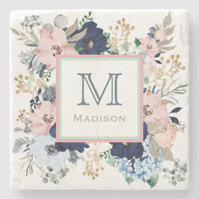 Ihre Lieblings-Blau-Rose-Monogramm Steinuntersetzer (Vorderseite)