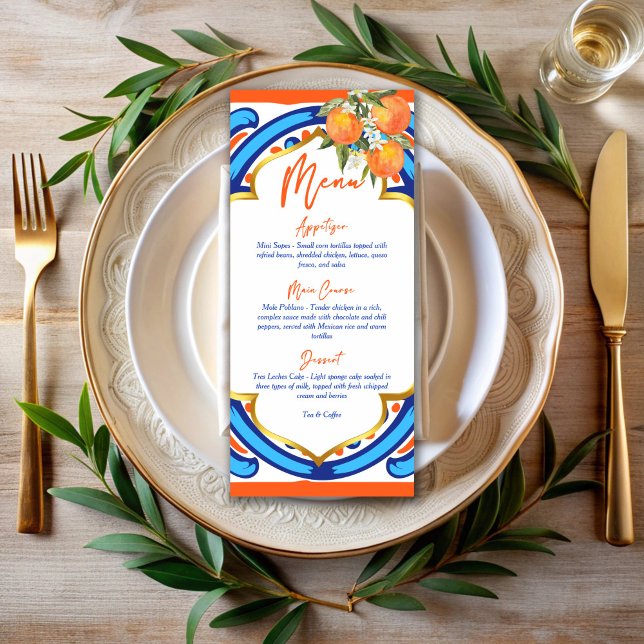Ihre orange blaue Hauptkarte Squeeze Menükarte (Her Main Squeeze bridal shower orange blue tiles customized menu card template personalized decor)