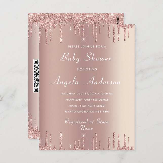 Ihre QR Code Rose Gold Baby Girl Shower Einladung Postkarte (Vorne/Hinten)