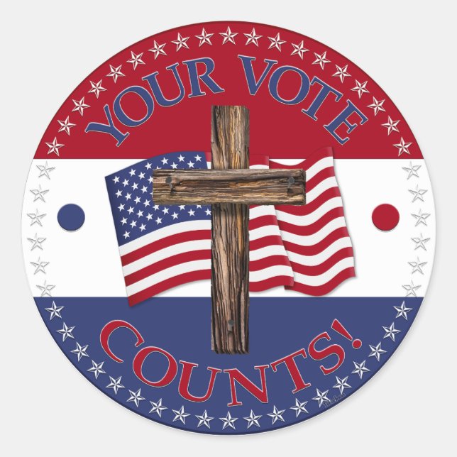 Ihre Stimme zählt mit Cross und USA Flag Runder Aufkleber (Vorderseite)