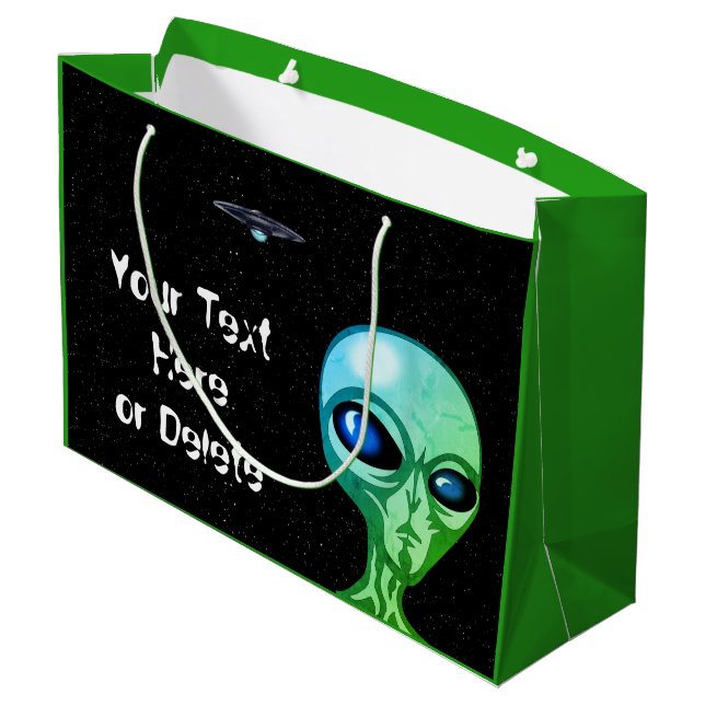Ihre Text & Farbe Cool grüne Alien Silver UFO Große Geschenktüte (Rückseite Schrägansicht)