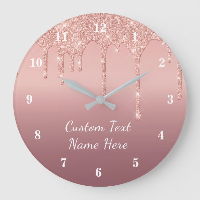 Ihre Text-Rose Gold-Blush-Glitzer Sparkeln-Tropfen Große Wanduhr (Vorderseite)