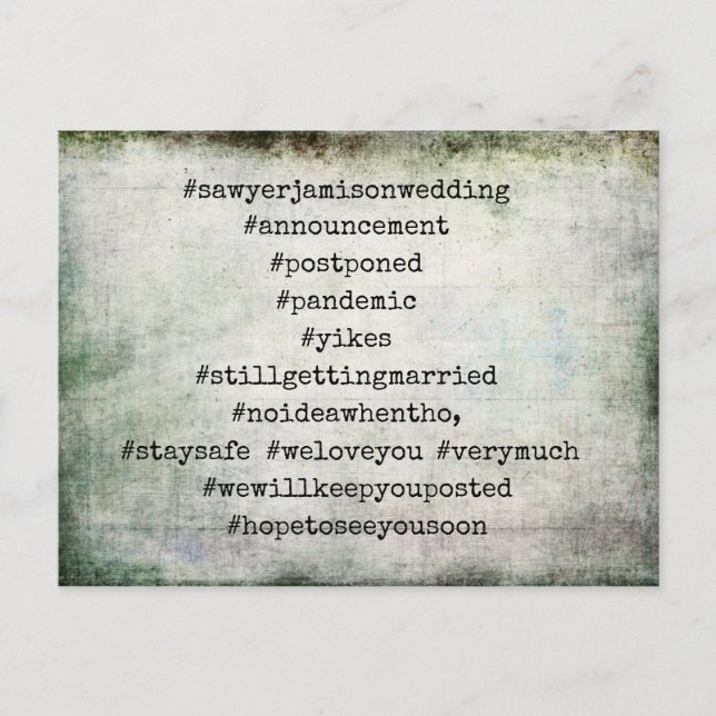 Ihre Top 12 Hashtags Grunge Vertagte Hochzeit Postkarte (Vorderseite)