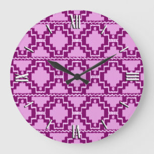 Ikat Aztec Muster - Amethyst Lila und Violet Große Wanduhr