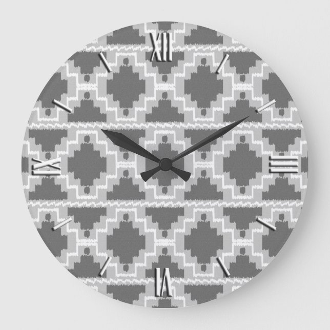 Ikat Aztec Muster - Dunkel und leicht grau / grau Große Wanduhr (Vorderseite)