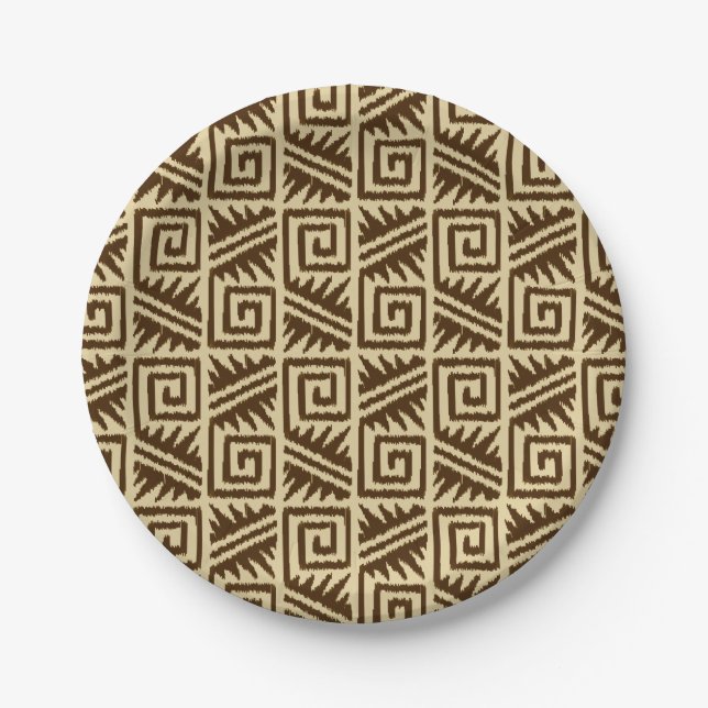 Ikat Aztec Muster - Dunkelbraun und Tan Pappteller (Vorderseite)