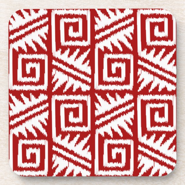 Ikat Aztec Muster - Dunkelrot und Weiß Getränkeuntersetzer (Vorderseite)