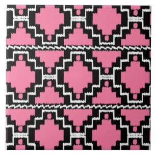 Ikat Aztec Muster - Fuchsienrosa, Schwarz und Weiß Fliese