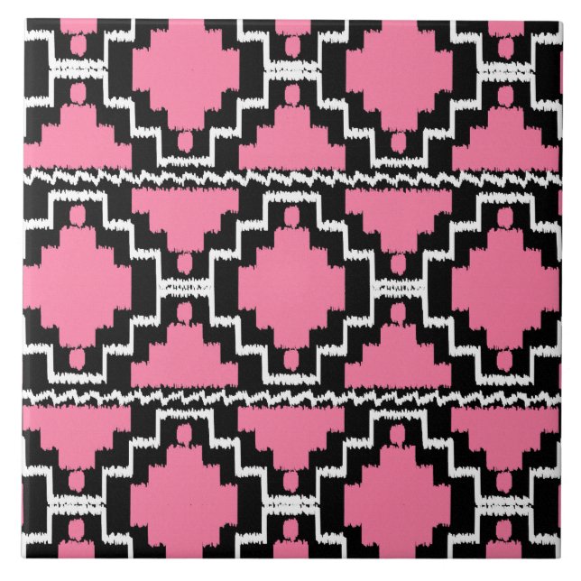 Ikat Aztec Muster - Fuchsienrosa, Schwarz und Weiß Fliese (Vorderseite)