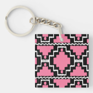 Ikat Aztec Muster - Fuchsienrosa, Schwarz und Weiß Schlüsselanhänger