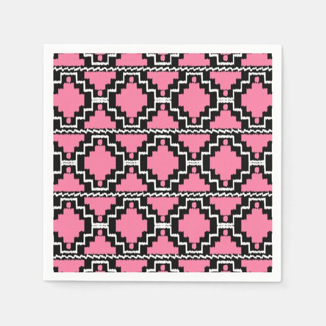 Ikat Aztec Muster - Fuchsienrosa, Schwarz und Weiß Serviette (Vorderseite)