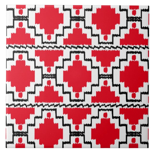 Ikat Aztec Muster - Rot, Schwarz und Weiß Fliese (Vorderseite)