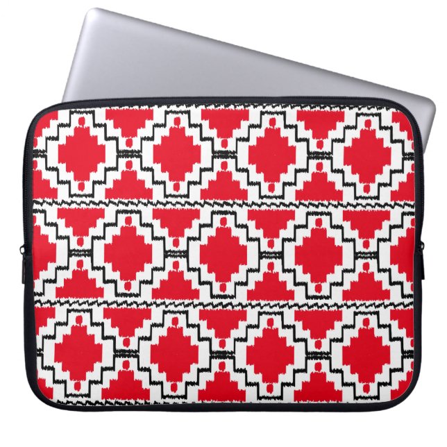 Ikat Aztec Muster - Rot, Schwarz und Weiß Laptopschutzhülle (Vorderseite)