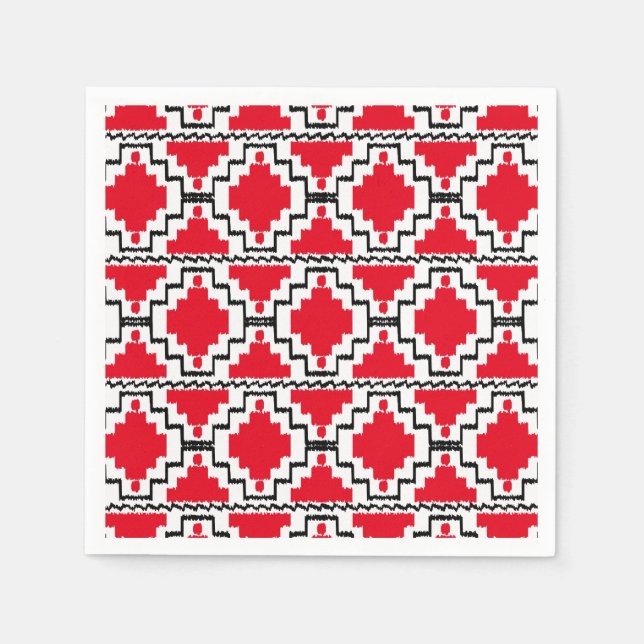 Ikat Aztec Muster - Rot, Schwarz und Weiß Serviette (Vorderseite)