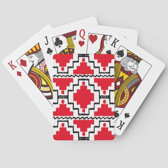 Ikat Aztec Muster - Rot, Schwarz und Weiß Spielkarten (Rückseite)