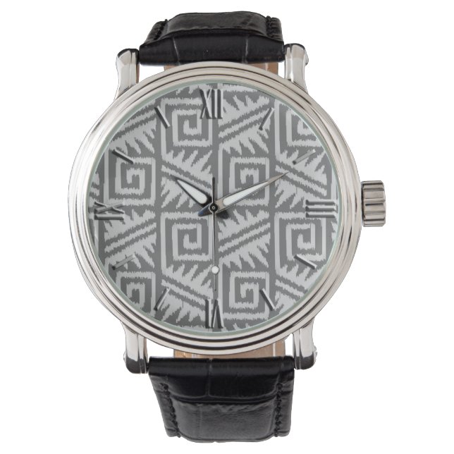 Ikat Aztec Muster - Schatten von Grau/Grau Armbanduhr (Vorderseite)
