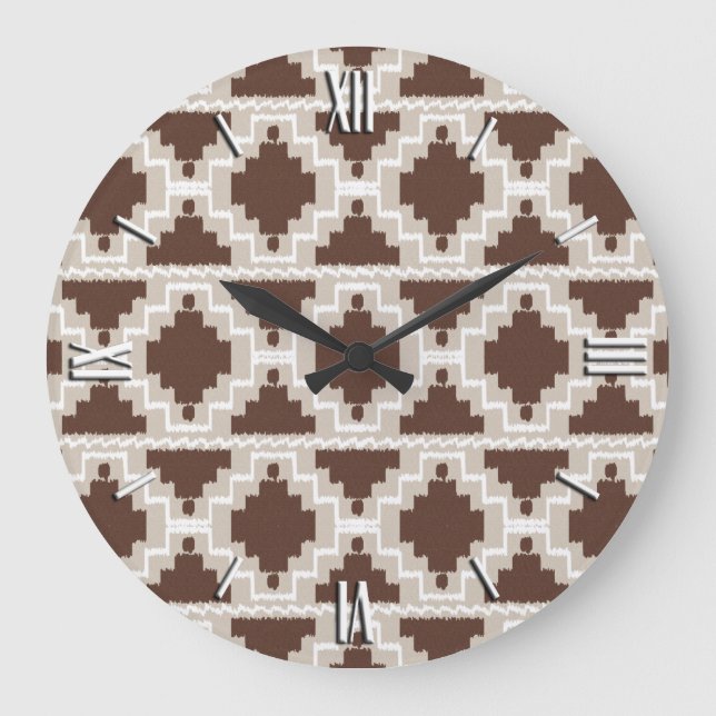 Ikat Aztec Muster - Schokolade braun und Taupe Große Wanduhr (Vorderseite)
