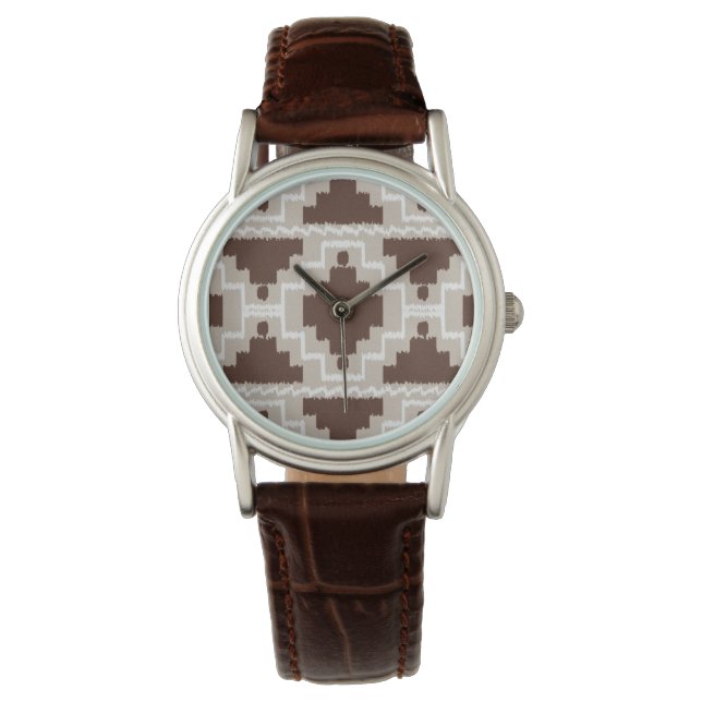 Ikat Aztec Muster - Schokoladenbraun und Taupe Armbanduhr (Vorderseite)