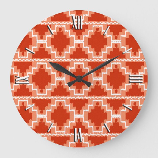 Ikat Aztec Pattern - Rust, Orange and white Große Wanduhr (Vorderseite)