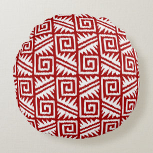 Ikat Aztec Tribal - Dunkelrot und Weiß Rundes Kissen