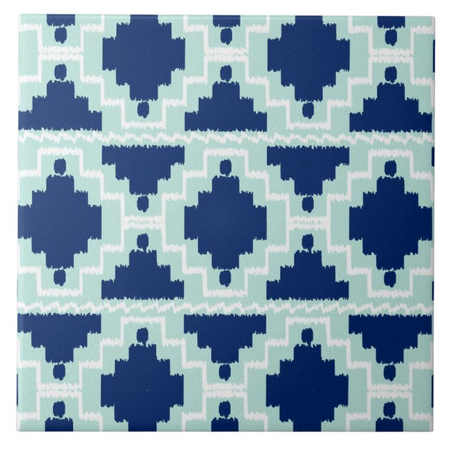 Ikat aztekisches Muster - Indigo und hellblaues Fliese (Vorderseite)