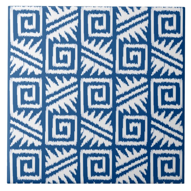 Ikat aztekisches Muster - Kobalt-Blau und Weiß Fliese (Vorderseite)