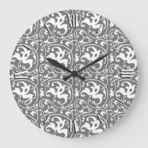 Ikat-Blumendamaskus - Grau und Weiß Große Wanduhr