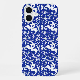 Ikat-Blumendamaskus - Kobaltblau und Weiß iPhone 16 Plus Hülle