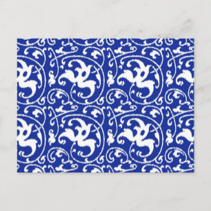 Ikat-Blumendamaskus - Kobaltblau und Weiß Postkarte