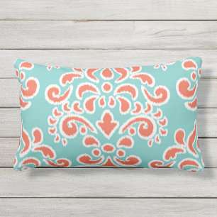 Ikat Blumendamast-Aqua und Koralle Kissen Für Draußen