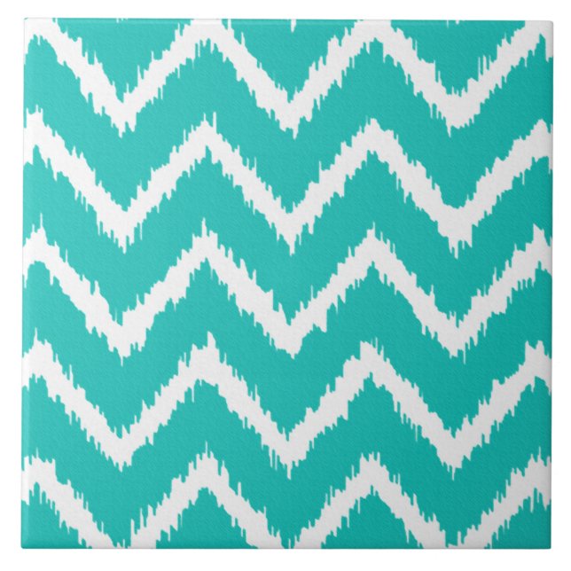 Ikat Chevrons - Türkis und Weiß Fliese (Vorderseite)